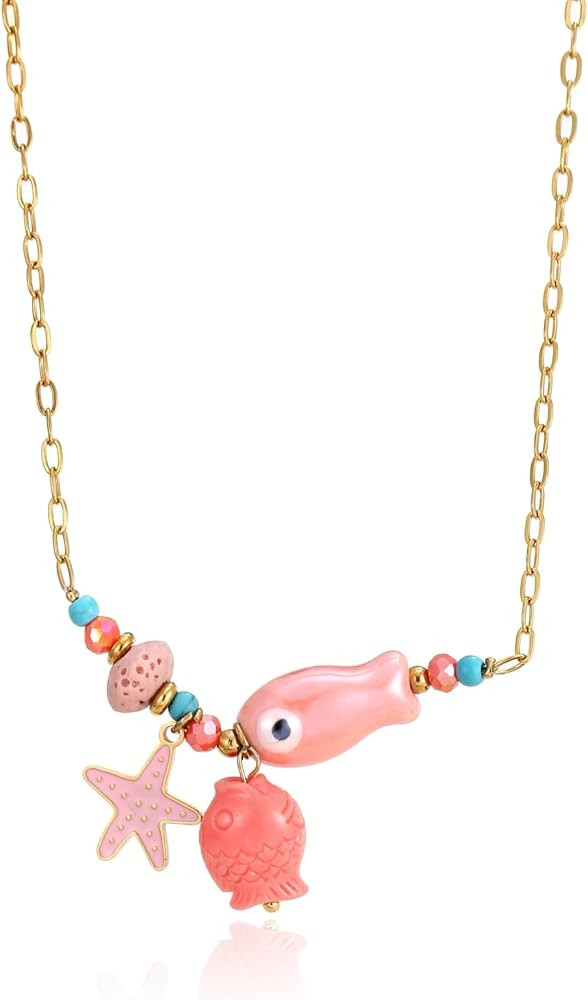 Delicate Seashell Charms Stainless Steel Necklace for Women, Gold Chain with Tropical Fish, Starf... | Amazon (US)