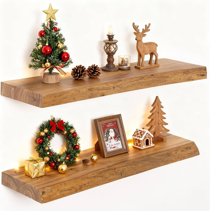 24" Floating Shelves, Live Edge Solid Elm Wood Floating Shelf, Wall Mounted Display Shelves with ... | Amazon (US)