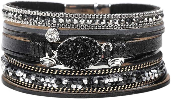 Multilayer Leather Bracelet Handmade Crystal Wrap Bangle with Magnetic Clasp Leather Wrap Bracele... | Amazon (US)