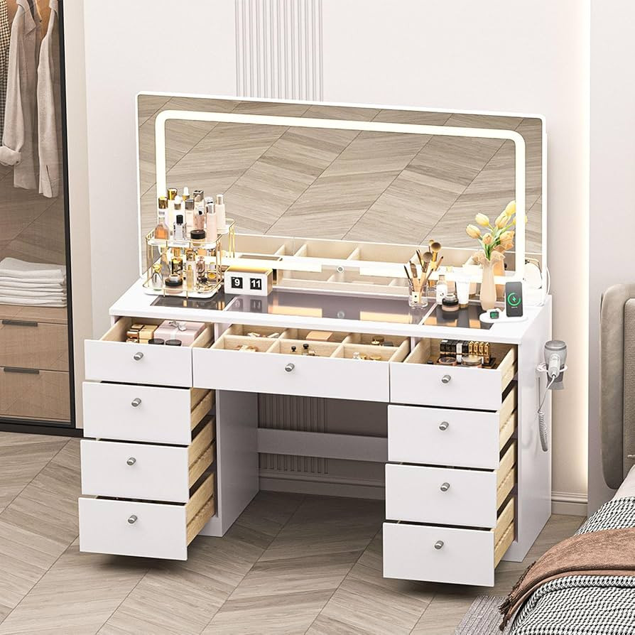 46 INCH Makeup Vanity Desk with Mirror - Glass Tabletop Vanity Table with Lights, Drawers, Power ... | Amazon (US)
