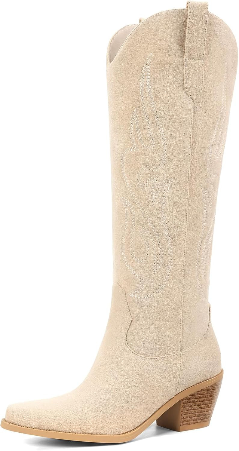Western Cowboy Boots for Women - Knee High Wide Calf Cowgirl Boots, Slip On Pointed Toe Chunky Heel Fashion Retro Classic Pull On Tall Boot for ladies Party concert | Amazon (US)
