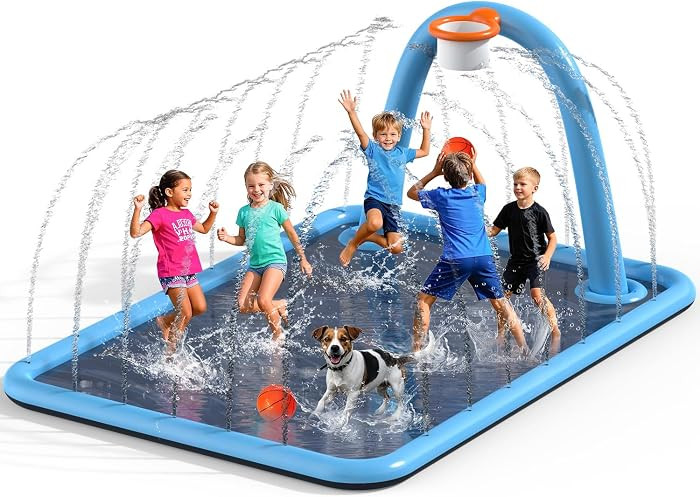 Splash Pad for Kids & Dogs, Large Sprinkler Pad Water Toys with Basketball Hoop, Thickened Non-Sl... | Amazon (US)