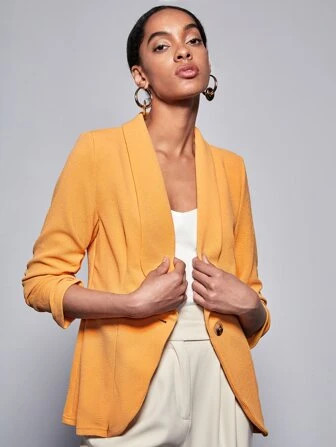 SHEIN BIZwear Ruched Cuff Single Button Blazer Workwear | SHEIN