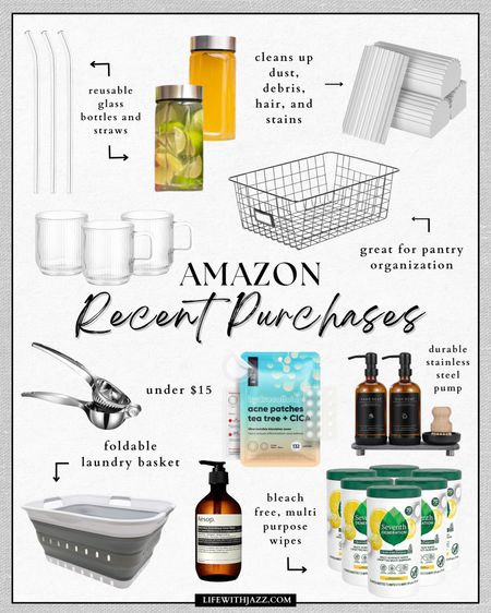 Rounding up my recent purchases from Amazon 🤍  a few favorites: 

1. Reusable glass straws - under $15, currently on sale, comes in a pack of 12 and with small brushes to clean
2. Reusable glass bottles 
3. Pack of 6 glass cups - perfect for your morning coffee 
4. Foldable laundry basket - great for apartments/tight spaces! 
5. Acne patches - comes with 132 dots, infused with cica extract, salicylic acid, and tea tree oil / under $15 
6. Bleach-free, multipurpose wipes 
7. Wire baskets - comes in a pack of 6, great to organize your pantry, you can also label them 

Home / kitchen / bath / glassware / Amazon 

#LTKfindsunder50 #LTKhome