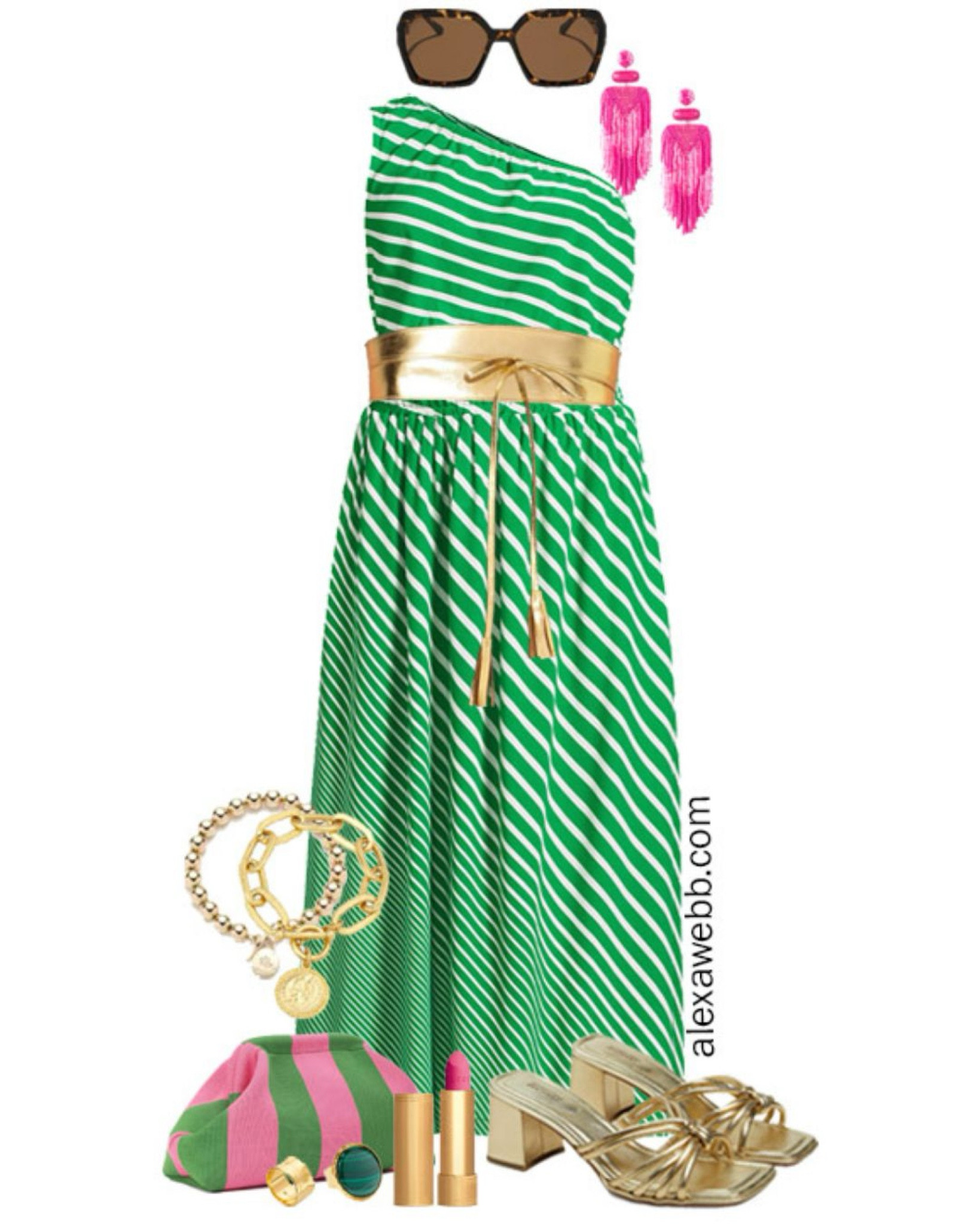 Plus Size One Shoulder Green Dress Outfits 2 - A plus size summer outfit idea for an event or date night with a green striped one shoulder dress, gold Obi belt, hot pink statement earrings and gold mules. Alexa Webb

#LTKSeasonal #LTKPlusSize #LTKStyleTip