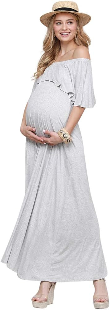 My Bump Women's Ruffle Off The Shoulder Maxi Maternity Dress - Made in USA | Amazon (US)