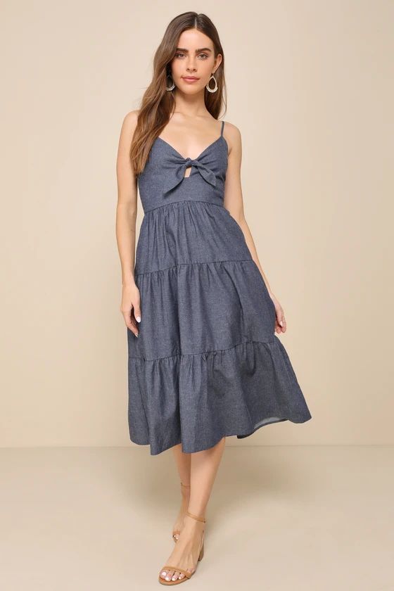 Sunny Day Strolls Dark Wash Chambray Midi Dress With Pockets Navy Dress Navy Blue Dress Outfit Ideas | Lulus