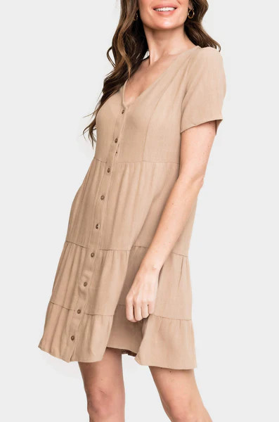 Short Sleeve Button Front Tiered Linen Dress | Gibsonlook