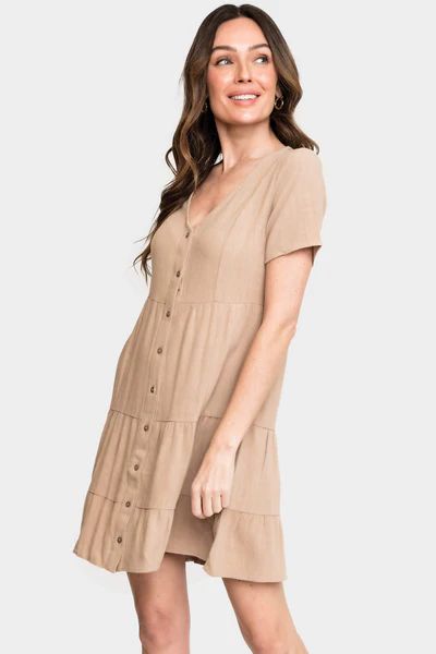 Short Sleeve Button Front Tiered Linen Dress | Gibson
