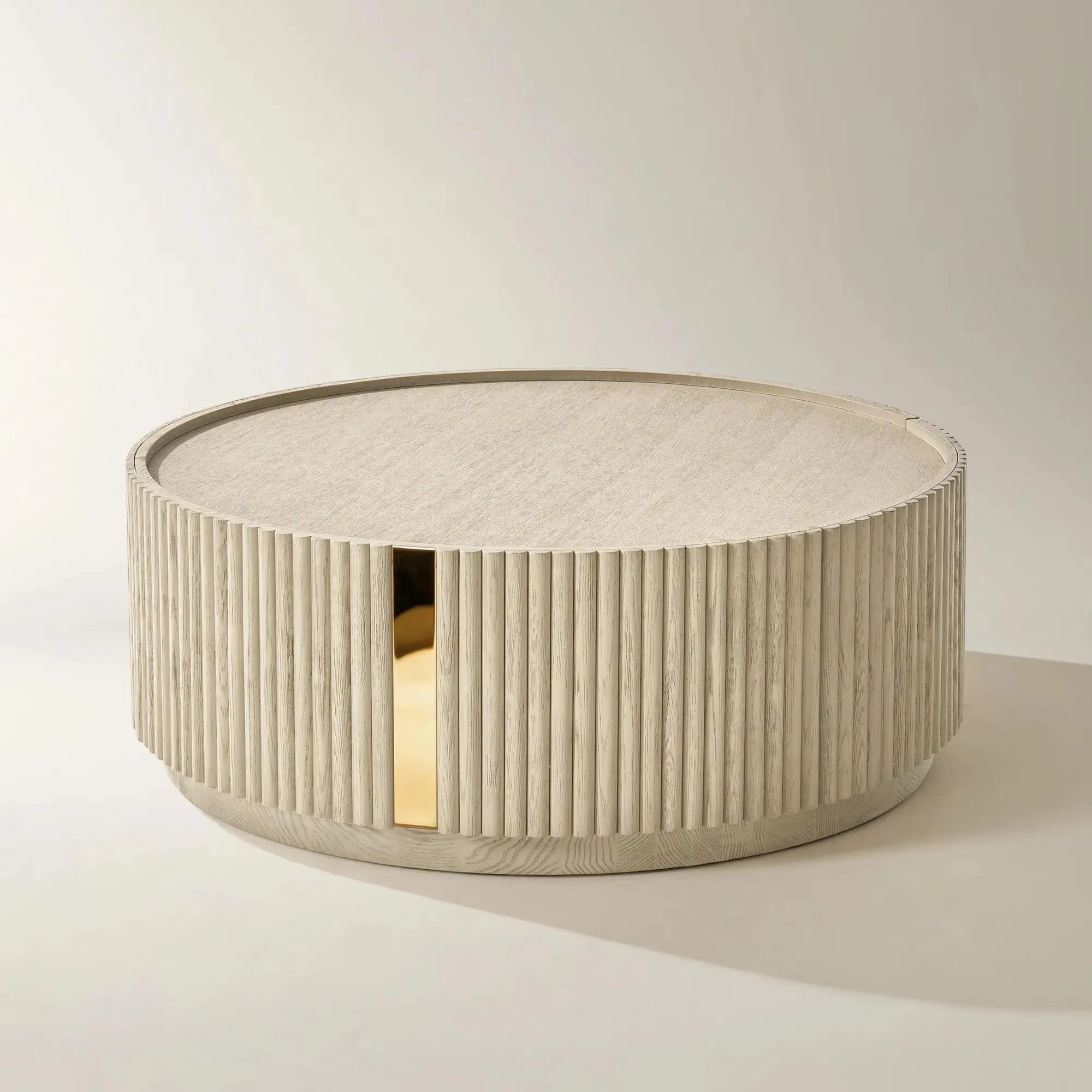 Stria Round Reeded White Oak Coffee Table with Drawer (42.3") | Z Gallerie
