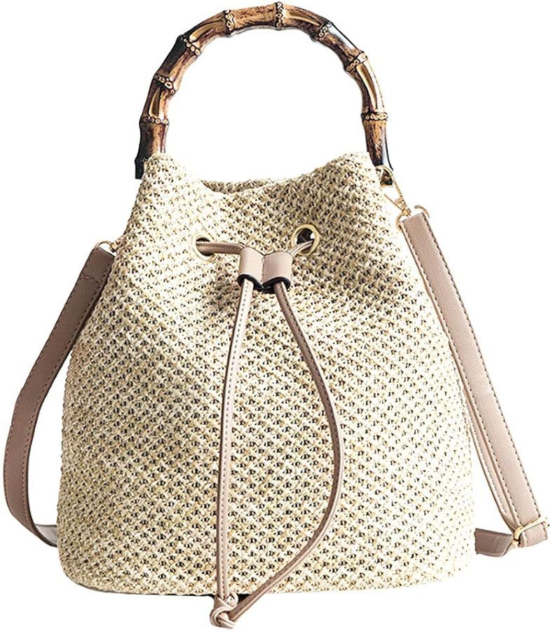 ZLM BAG US Straw Drawstring Bucket Bag Summer Crochet Tote Purse Pu Leather Strap Crossbody Shoul... | Amazon (US)