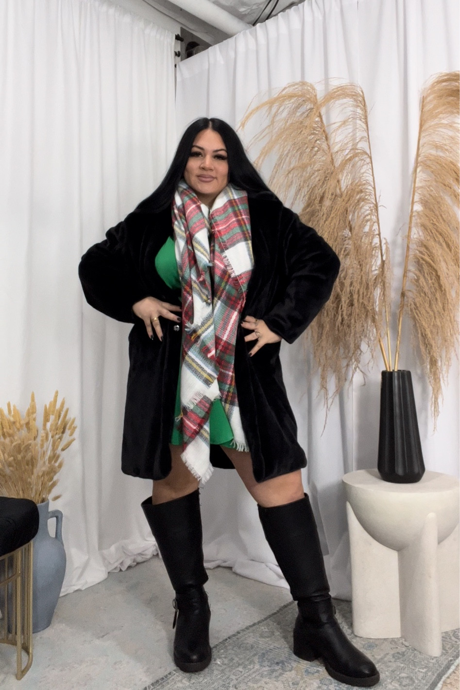 Green holiday dress, black faux fur plus size coat, wide calf boots 

#LTKHoliday #LTKcurves #LTKshoecrush
