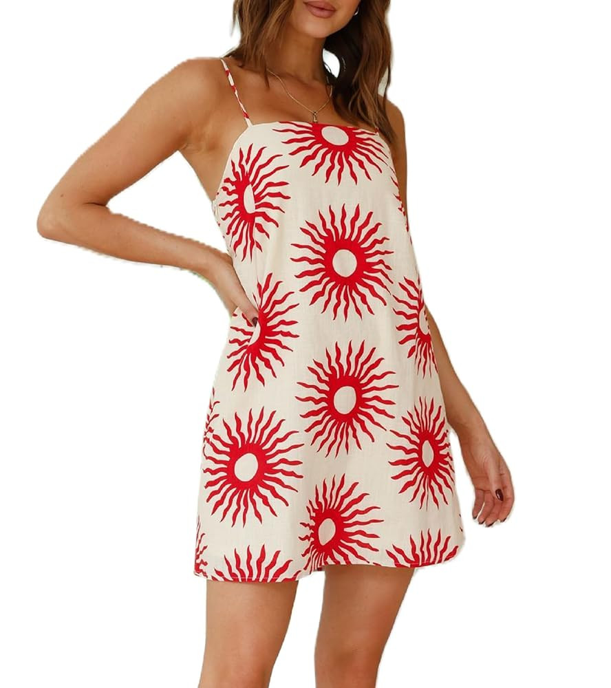 Women Graffiti Mini Cami Dress Spaghetti Strap Floral Boho Short Dress Flowy Sling Dress Summer H... | Amazon (US)