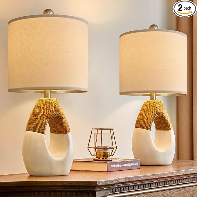 OYEARS Boho Table Lamps Bedroom Living Room Set 2 Small Farmhouse Rattan Table Lamp 19”Rustic H... | Amazon (US)
