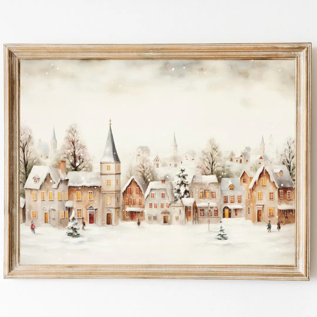Winter Village Painting, Holiday Season Decor, Vintage Town City Wall Art, Farmhouse Print, Trend... | Etsy (US)