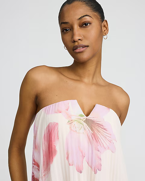 Floral Pleated Strapless Maxi Dress | Express