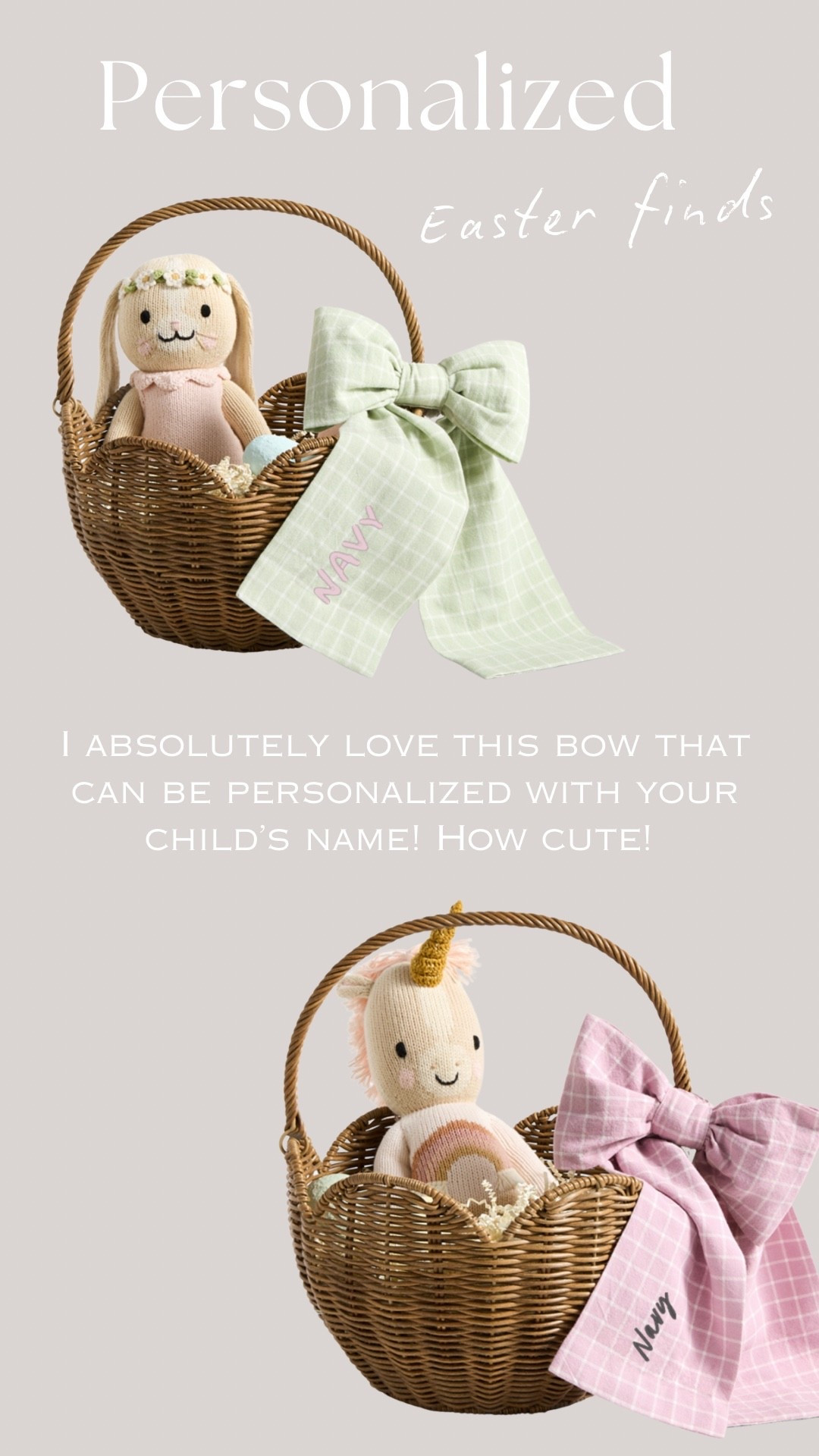 Loving this personalized bow that you can add to your child’s Easter basket! Comes in a few different color options! 



#personalizedeasterbasket #easterbasket #kidsbasket #easter #crate&barrel #crate&kids 

#LTKBaby #LTKSeasonal #LTKKids