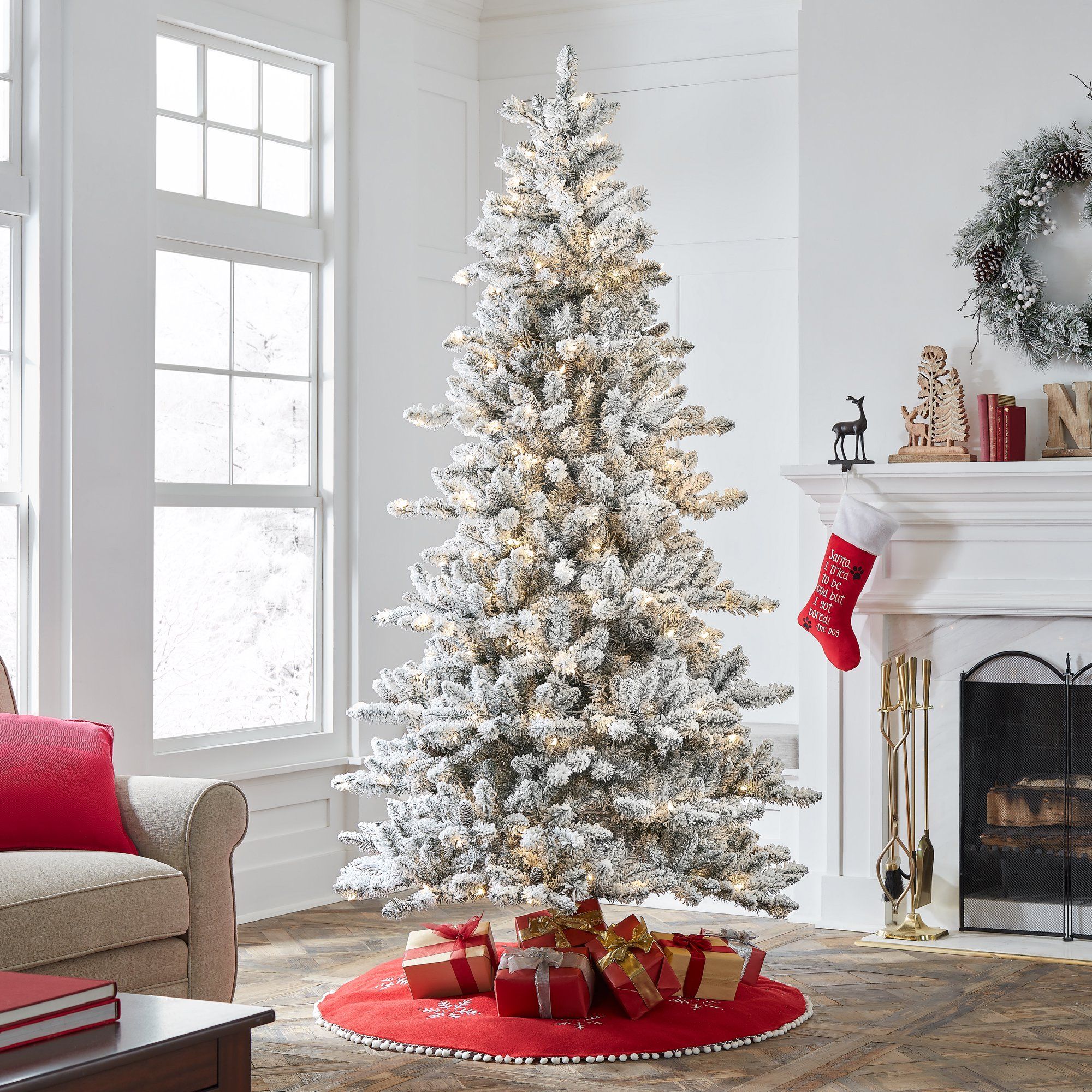 Holiday Time Pre-Lit Flocked Birmingham Fir Artificial Christmas Tree, Warm White LED Lights, Gre... | Walmart (US)