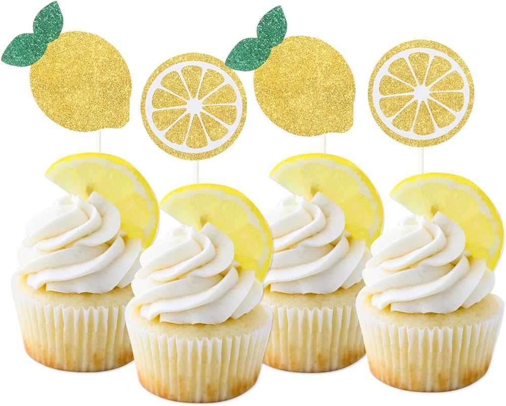 Oskal 24Pcs Glitter Lemon Cupcake Toppers Fruits Theme Party, Lemonade Party Decor, Summer Cupcak... | Amazon (US)