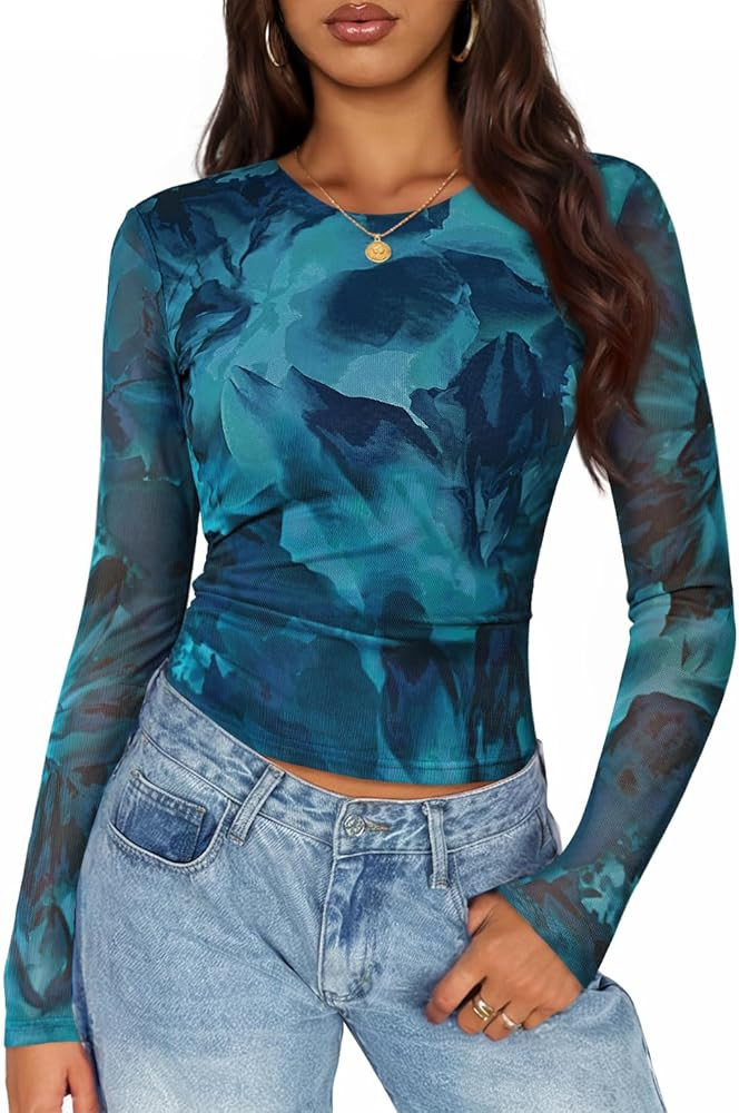 ZESICA Womens Floral Mesh Going Out Tops Fall Long Sleeve Crewneck Slim Fit Ruched Y2k Shirts Bea... | Amazon (US)