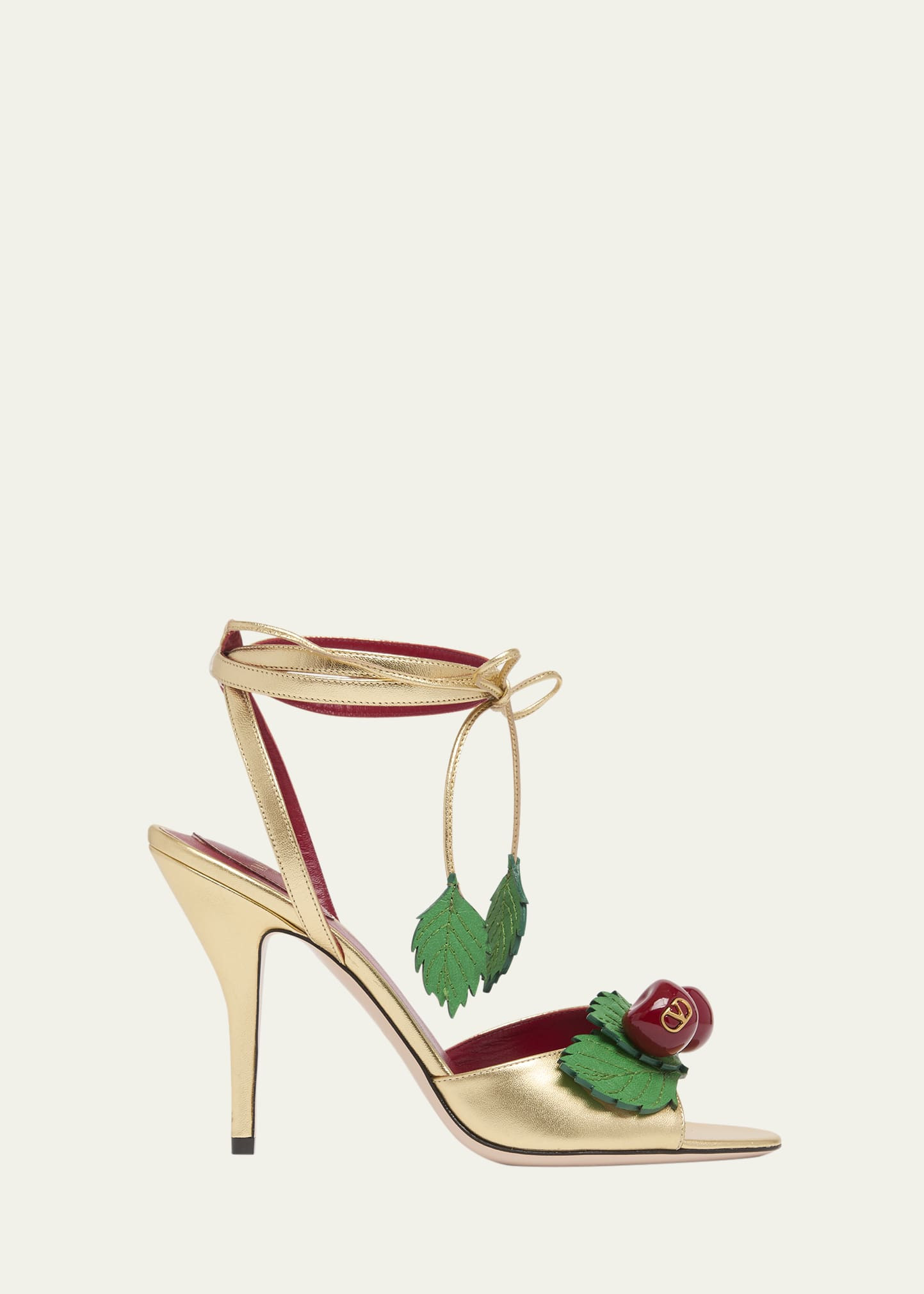 Valentino Garavani 100mm VLogo Cherry Leather Ankle-Tie Sandals | Bergdorf Goodman