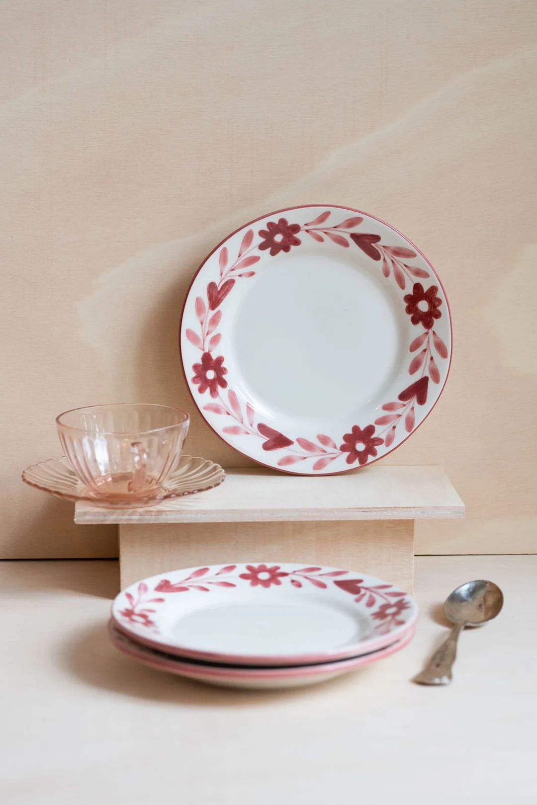 Red Flowers Hand Painted Ceramic Dessert Plate Set of 4 Floral Design Handmade, Salad Plate. - Et... | Etsy (US)