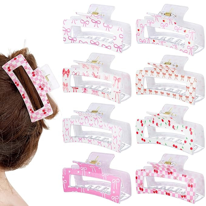 8 Pcs Bow Cherry Hair Claw Clips for Women Cute Pink Bow Preppy Trendy Rectangle Banana Hair Clip... | Amazon (US)