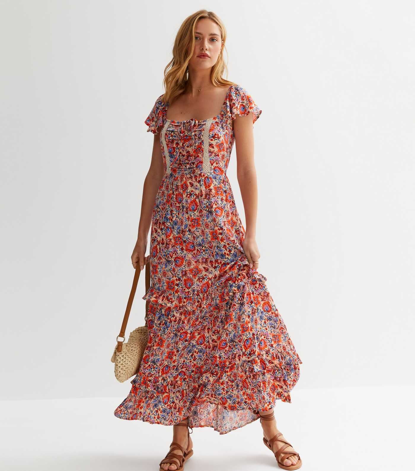 Orange Floral Square Neck Frill Maxi Dress
						
						Add to Saved Items
						Remove from Save... | New Look (UK)