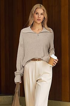 Arach&Cloz Women's Wool Blend Lapel Quarter Zip Fall Winter Trendy Casual Oversized Fit Sweater T... | Amazon (US)