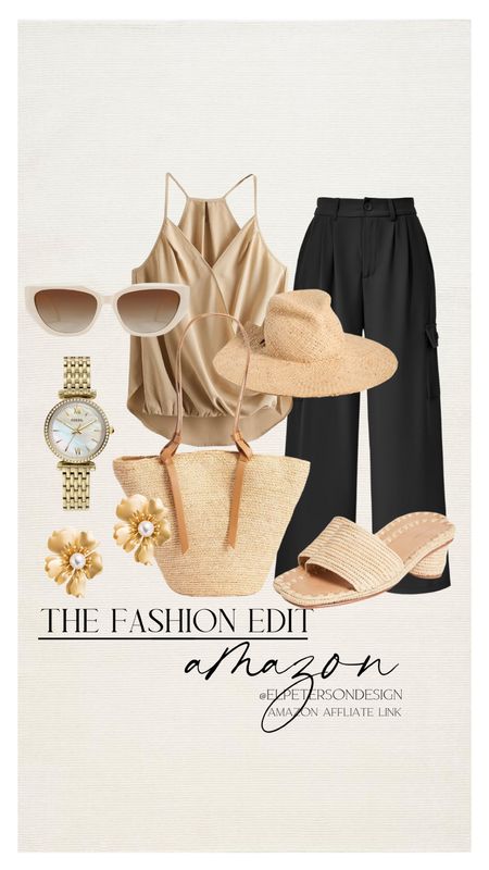 Pants
Tank top
Straw purse
Earrings
Watch
Sunglasses
Sandals
Straw hat 

#LTKstyletip