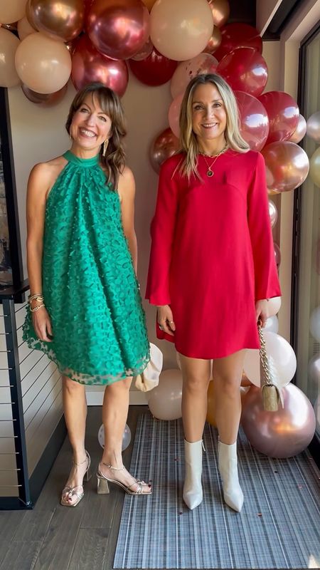 The Christmas season is here!!🎄 Bring on all the red and green!❤️💚 We can help you ring in the season with these cute red and green dresses. My green dress is so unique with its texture, pretty back bow and swing style. It also comes in black and white! Julie’s dress is such a comfy and cute modern shift style. It’s selling out fast, so we linked several other stylish red dress options. 
Did you take advantage of Black Friday? Are you shopping Cyber Monday?? We really took advantage of the sales to get a jump on our Christmas shopping. Feels so good!🎁 
If you still need gift ideas be sure to check out our gift guides on lastseenwearing.com !!
How to shop our dresses: 
1️⃣ Follow lastseenwearing on the @shop.ltk app
2️⃣ Click the link in our bio to shop our looks (and read our blog) on lastseenwearing.com 🎁🎁

Green dress, red dress, Anthropologie, Mango, Christmas dress, halter dress, shift dress, Schutz boots 