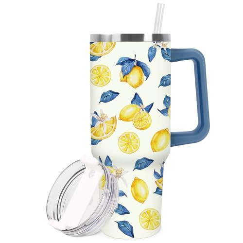 FYSUIMU Lemon Tumbler with Handle 40oz Blue Chinoiserie Yellow Lemon Tumbler with Lid Straw Summer Stainless Steel Cup for Home Office Travel | Amazon (US)