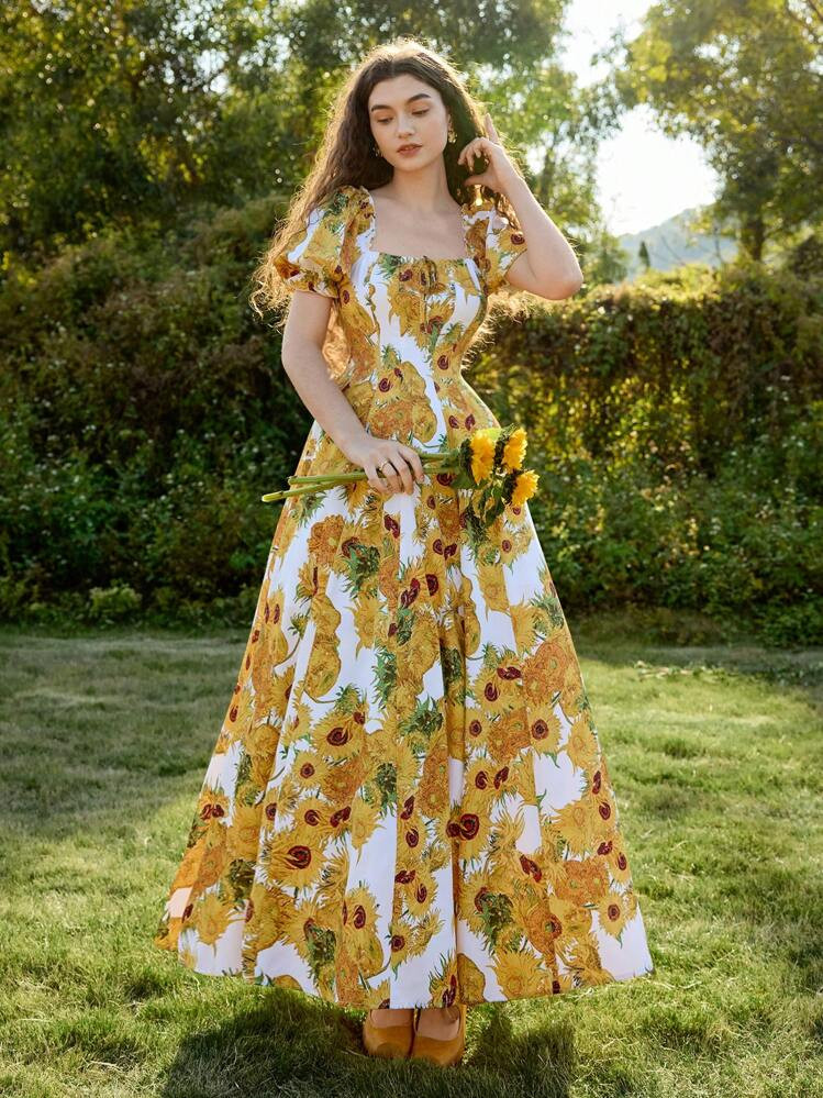 SHEIN MOD Van Gogh Sunflower Painting Pattern Dress, Puff Sleeves, Bow Details, Suitable For Dati... | SHEIN