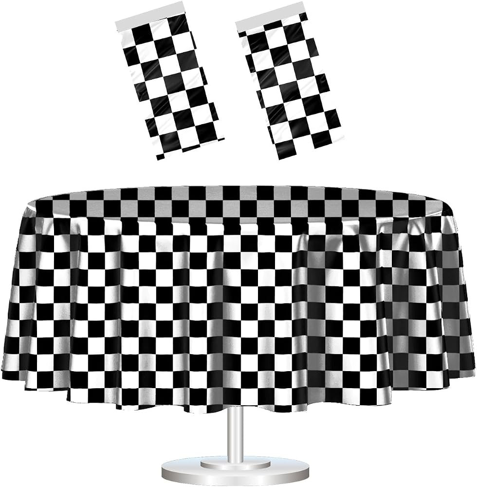 HEIPINIUYE 2 Pack Black and White Round Checkered Tablecloth 84 ×84 Table Cover Disposable Table... | Amazon (US)