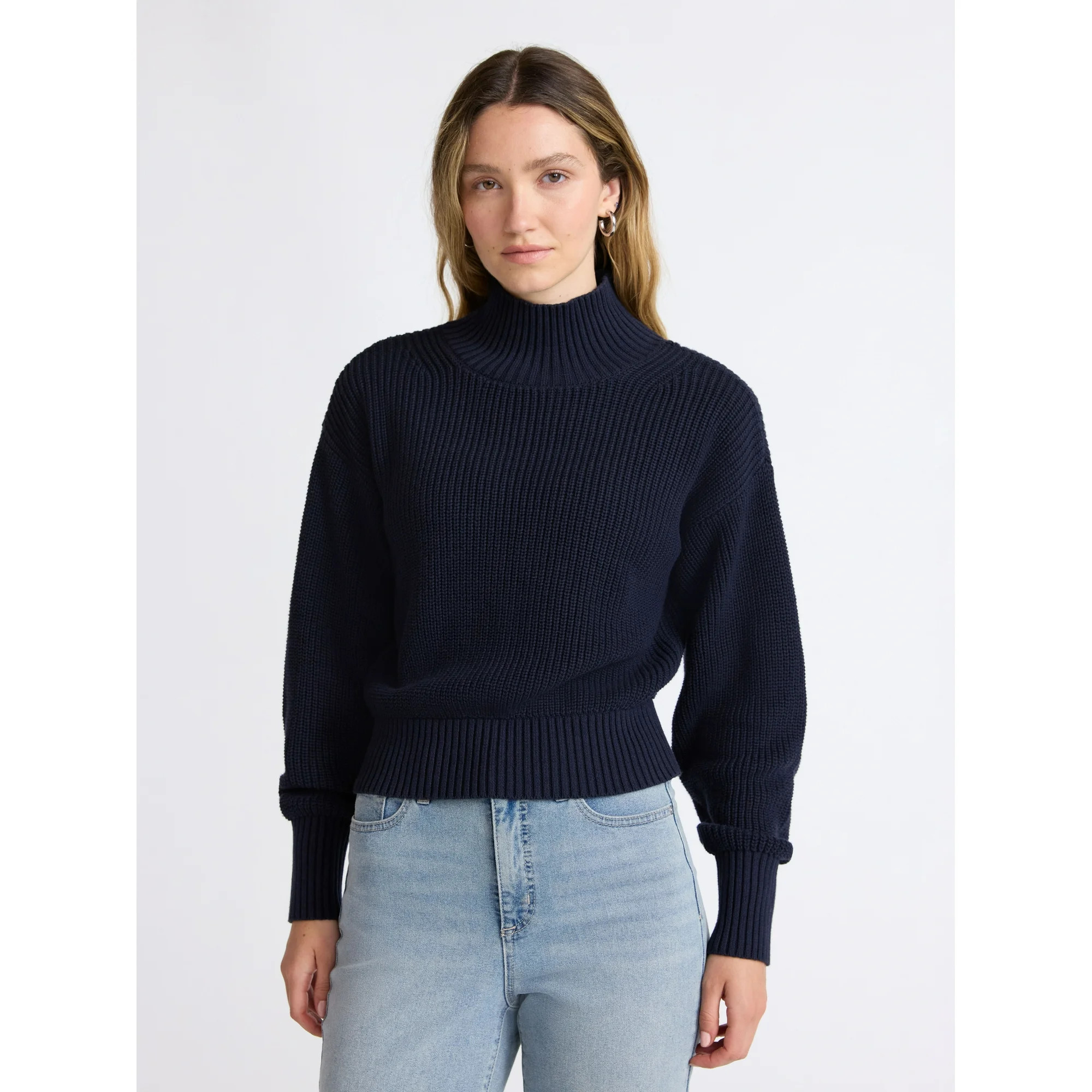 Scoop Women’s Cotton Boxy Ribbed Turtleneck Sweater, Midweight, Size XS-XXL | Walmart (US)