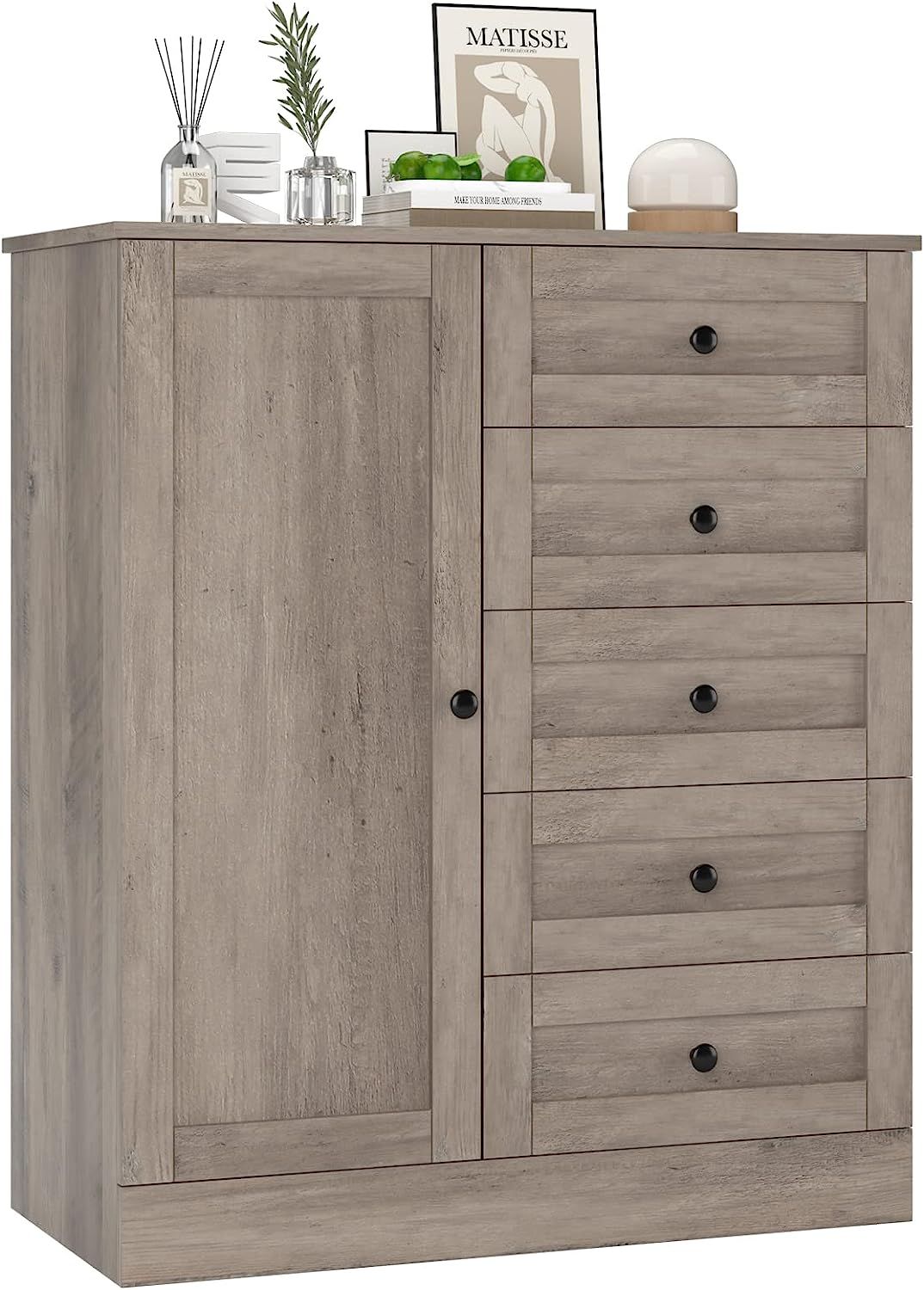 HOSTACK 5 Drawer Dresser with Door, Storage Cabinet with Drawers and Shelves, Wide Wood Dresser, ... | Amazon (US)