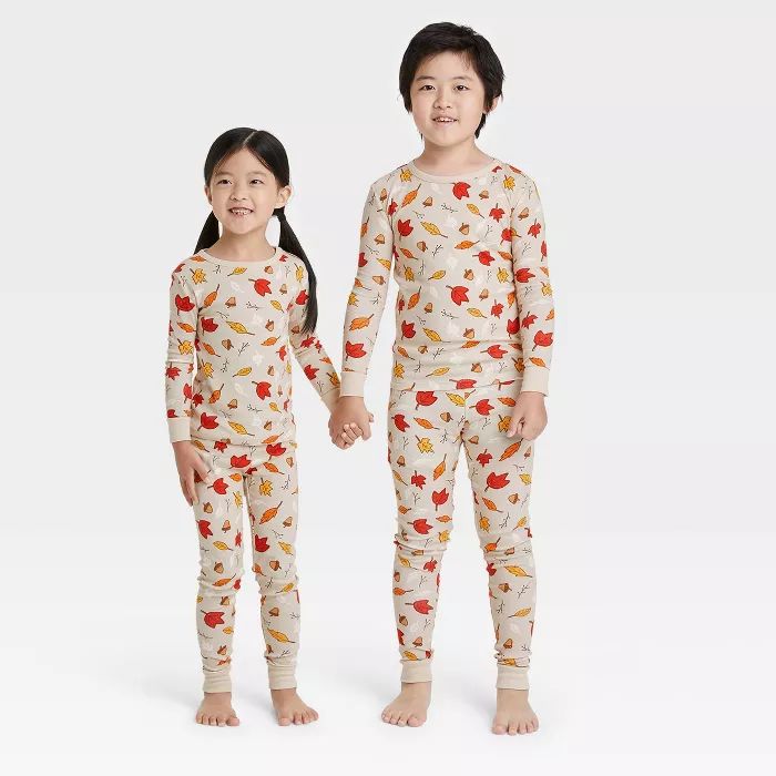 Toddler Fall Leaf Print Matching Family Pajama Set - Oatmeal | Target