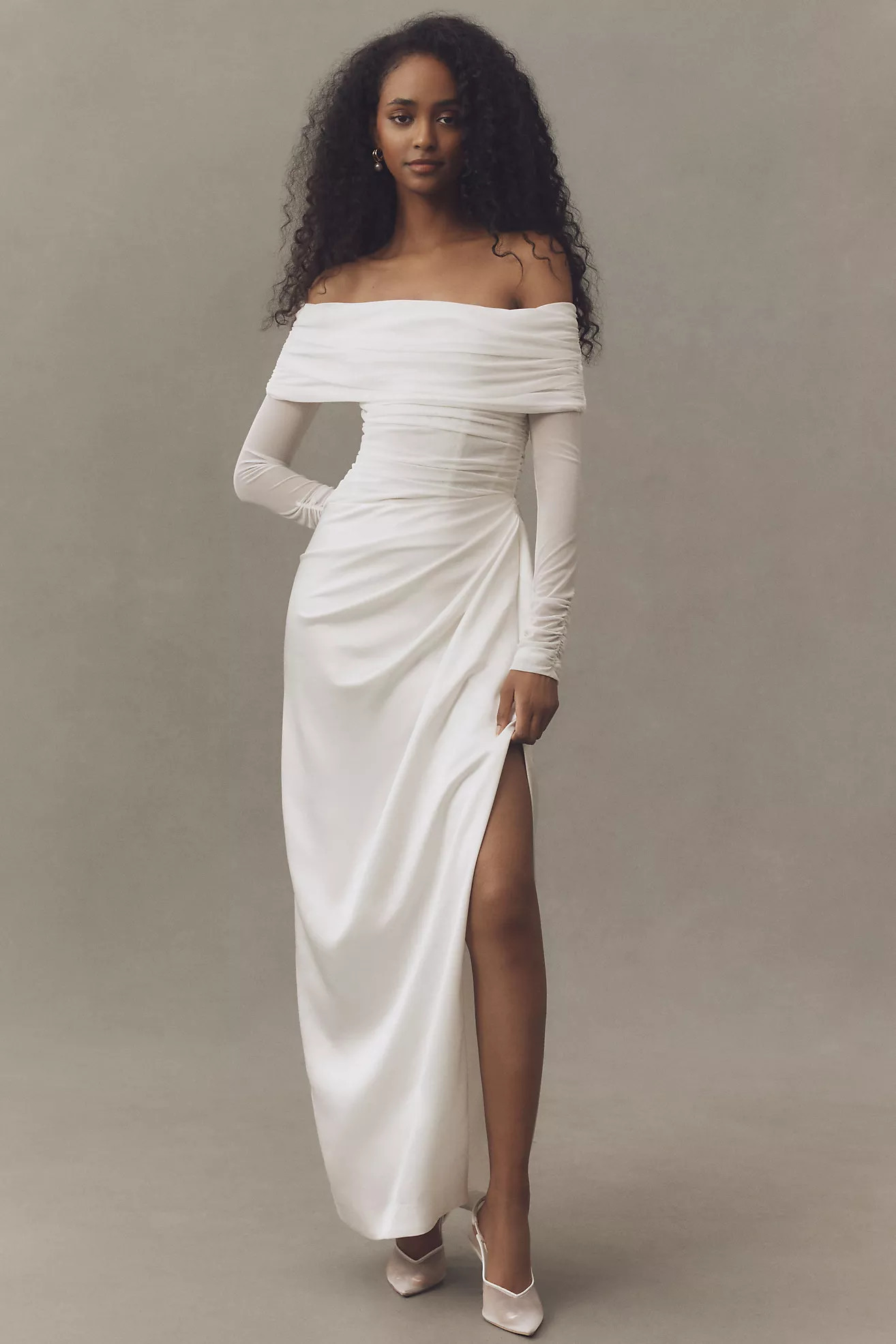 BHLDN Off-Shoulder Mixed Mesh & Satin Wrap Maxi Dress | Anthropologie (US)