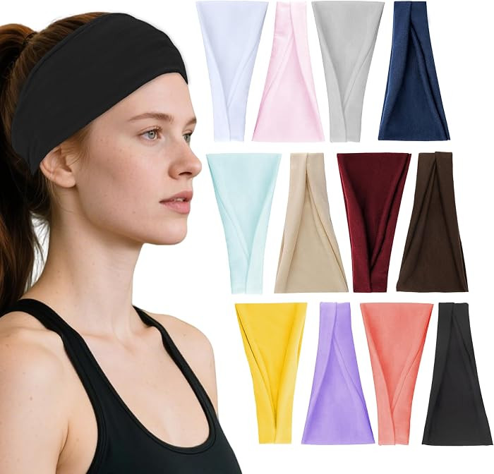 Headbands for Women, 12PCS Wide Stretchy Sports Hair Bands, Elastic Soft Fashion Head Bands, Non-... | Amazon (US)