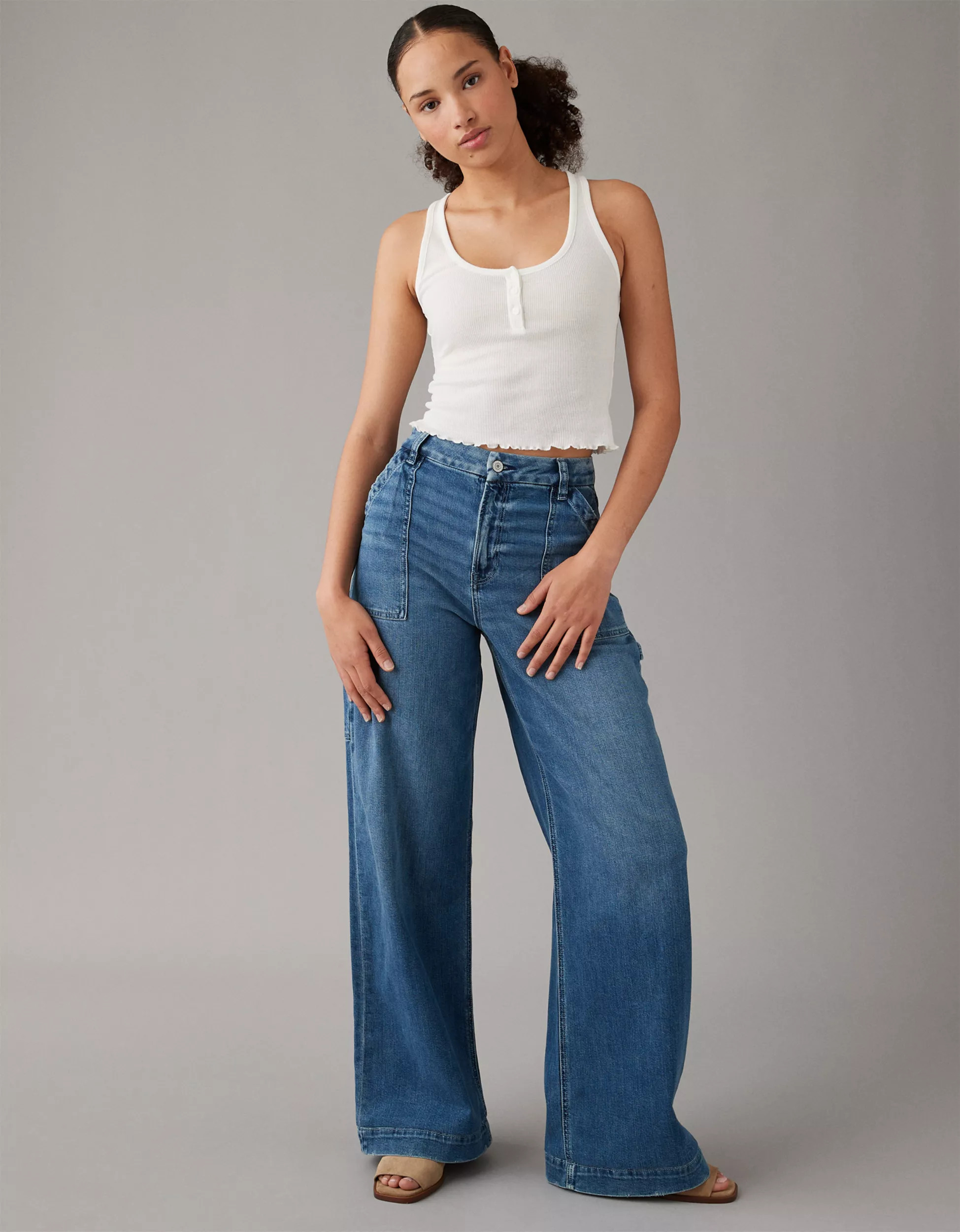 AE Dreamy Drape Stretch Curvy Super High-Rise Baggy Wide-Leg Jean | American Eagle Outfitters (US & CA)