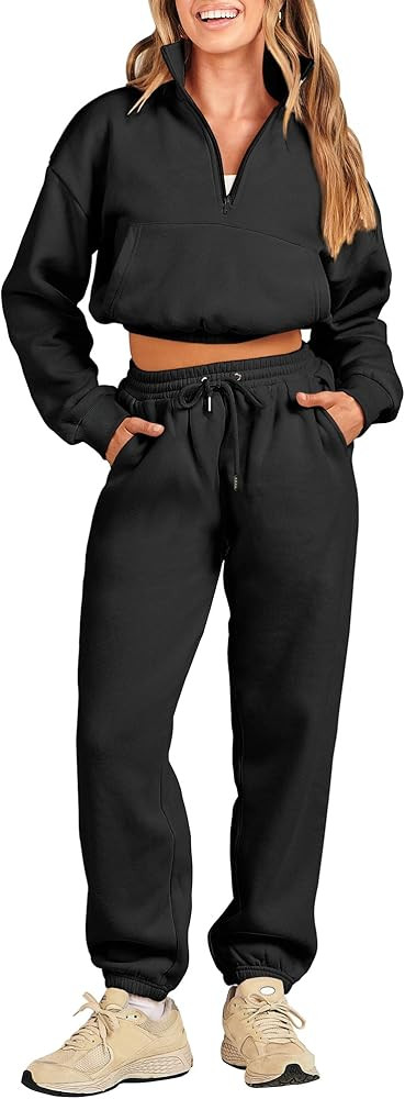 ANRABESS Women's Two Piece Outfits Long Sleeve Half Zip Crop Sweatsuit with Jogger Pants Lounge S... | Amazon (US)