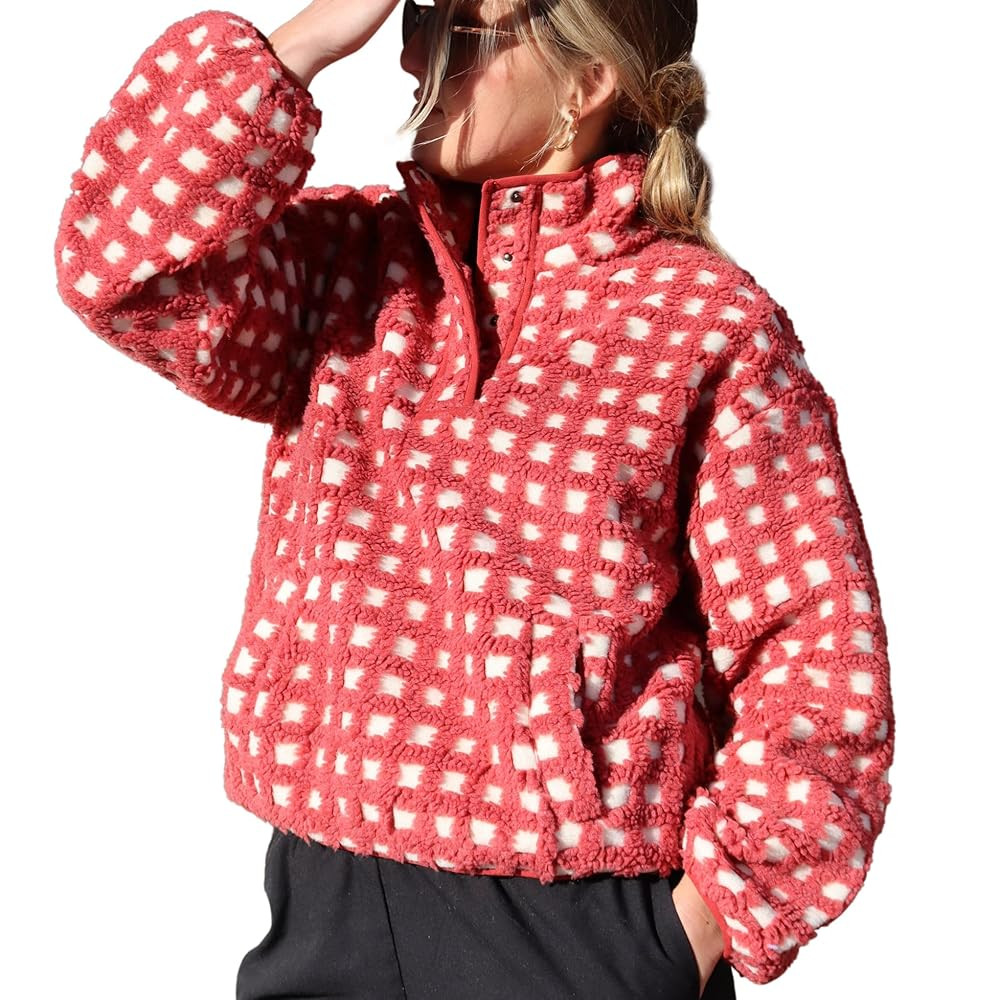 Checkered Fleece Sweatshirt for Women Long Sleeve High Neck Fuzzy Sherpa Hoodie Winter Plaid Pull... | Amazon (US)