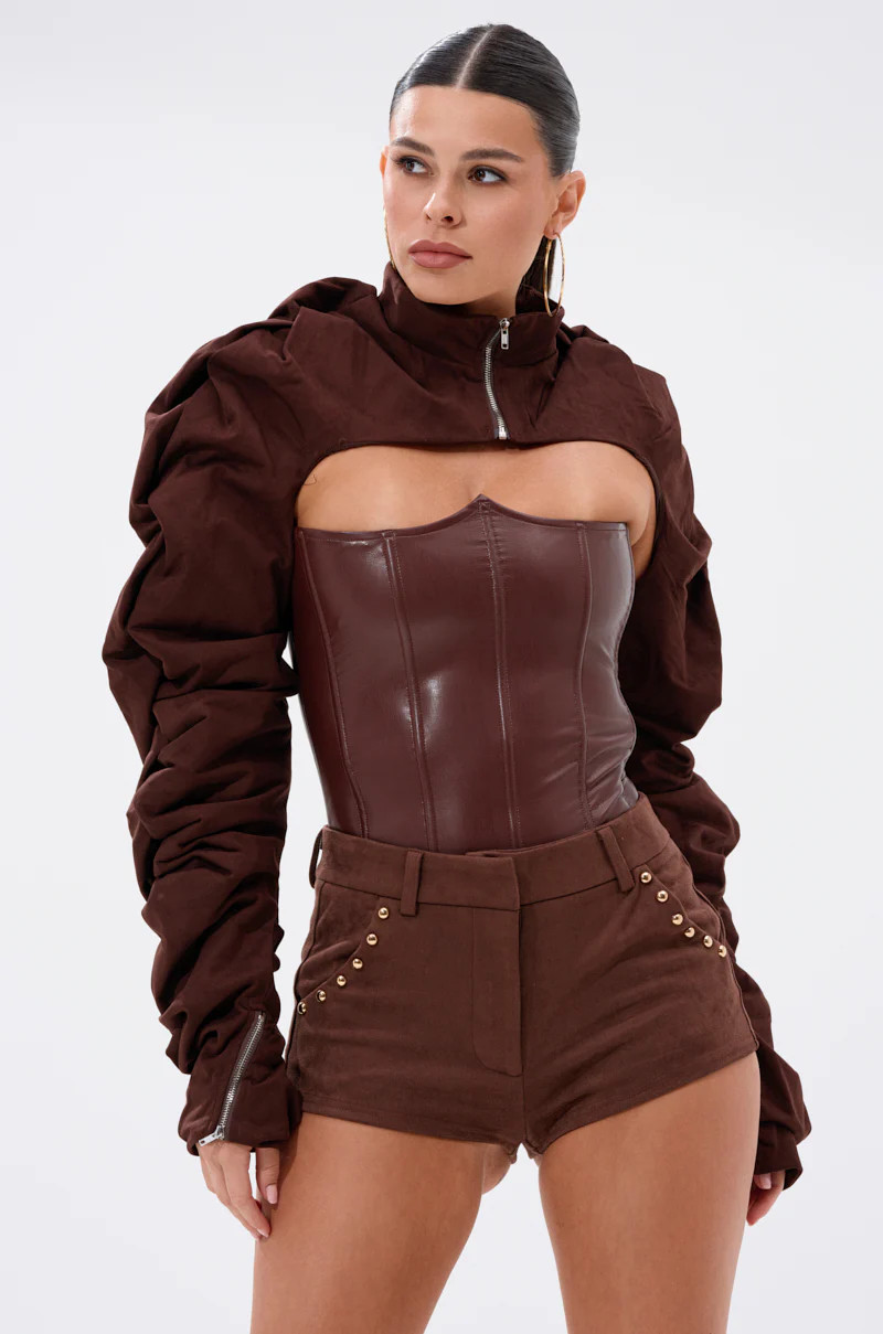 RILEY STACKED FAUX SUEDE BOLERO | AKIRA