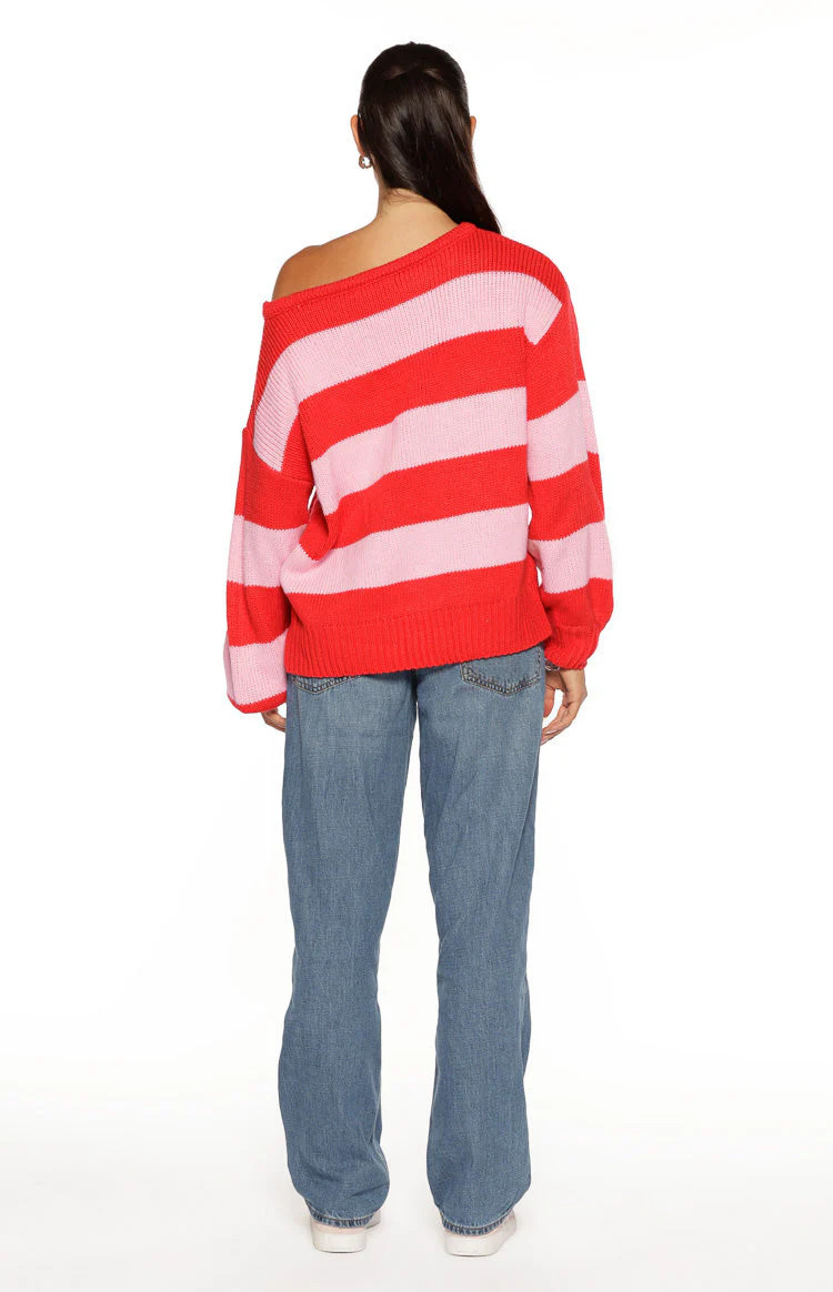 Finley Red and Pink Stripe Off Shoulder Knit Sweater | Beginning Boutique | Beginning Boutique (US)