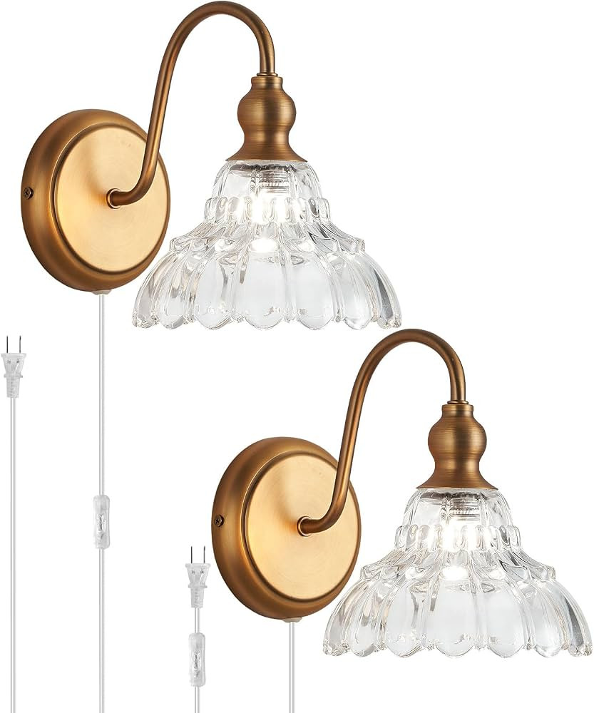 Plug in Vintage Wall Sconces Set of Two Brass Modern Wall Light Fixtures Antique Vanity Lights fo... | Amazon (US)