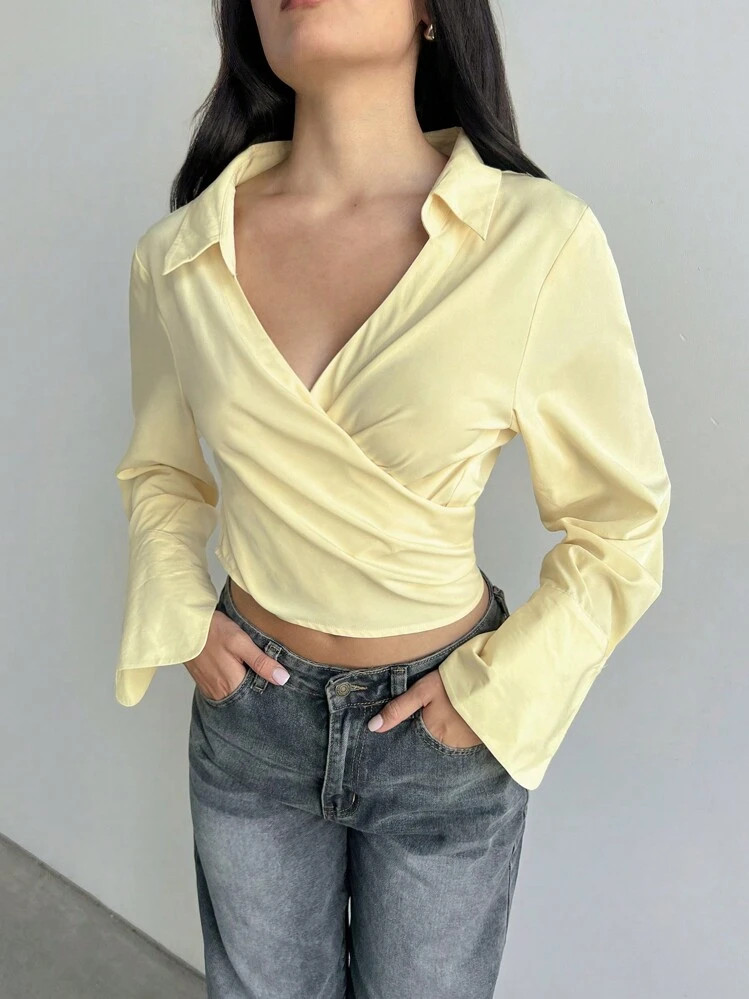 Aloruh Ladies New Solid Color Light Yellow Romantic Elegant Sexy Loose V Back Tie Short Shirt, Valentine's Day, Long Sleeve Tops, Shirts, Ladies Summer Clothing Going Out Tops, Ladies Shirts, Elegant Summer Ladies Tops,Graduation,Teacher Outfits For Women,Back To School | SHEIN