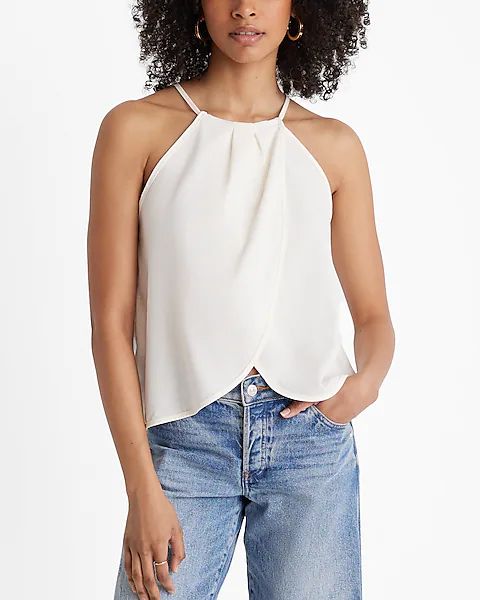 Linen-Blend Tie Halter Neck Pleated Split Hem Top | Express