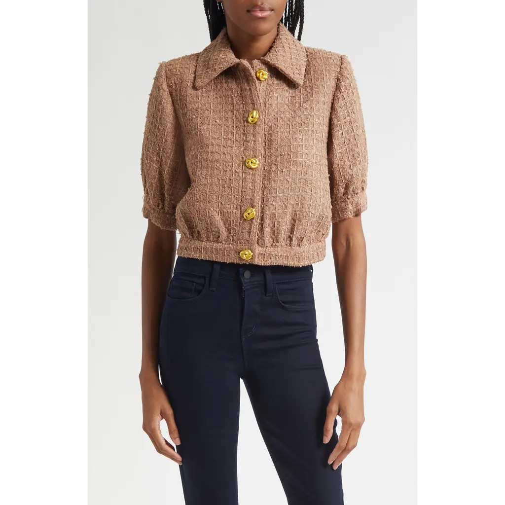L'AGENCE Cove Tweed Elbow Sleeve Crop Jacket in Cappuccino at Nordstrom, Size 8 | Nordstrom