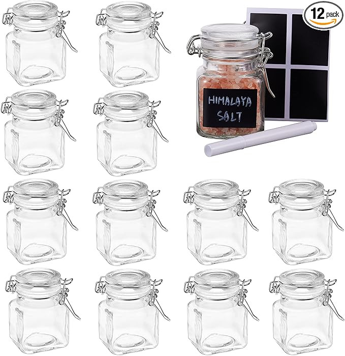 Oak & Steel 12 Pack 3.4oz Small Airtight Glass Spice Jars with Lids & Clip Top, 24 Labels & Chalk... | Amazon (US)