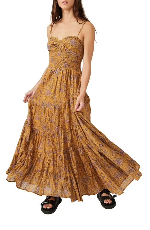 Free People Sundrenched Floral Smocked Bodice Maxi Sundress in Dusty Olive Combo at Nordstrom, Size  | Nordstrom